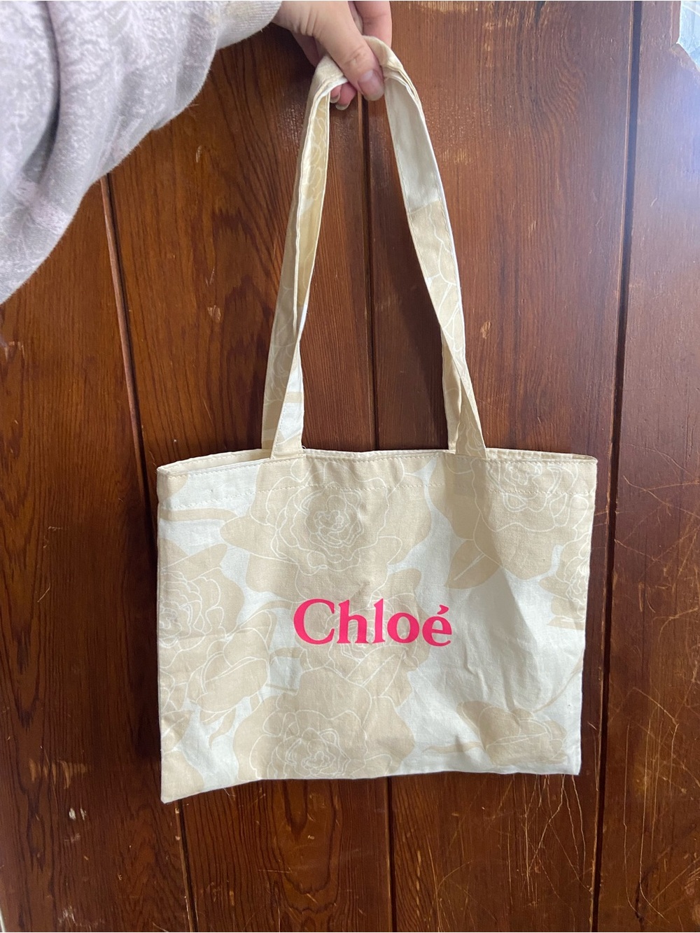 Chloe Beige Floral Canvas Tote Bag with Pink Logo